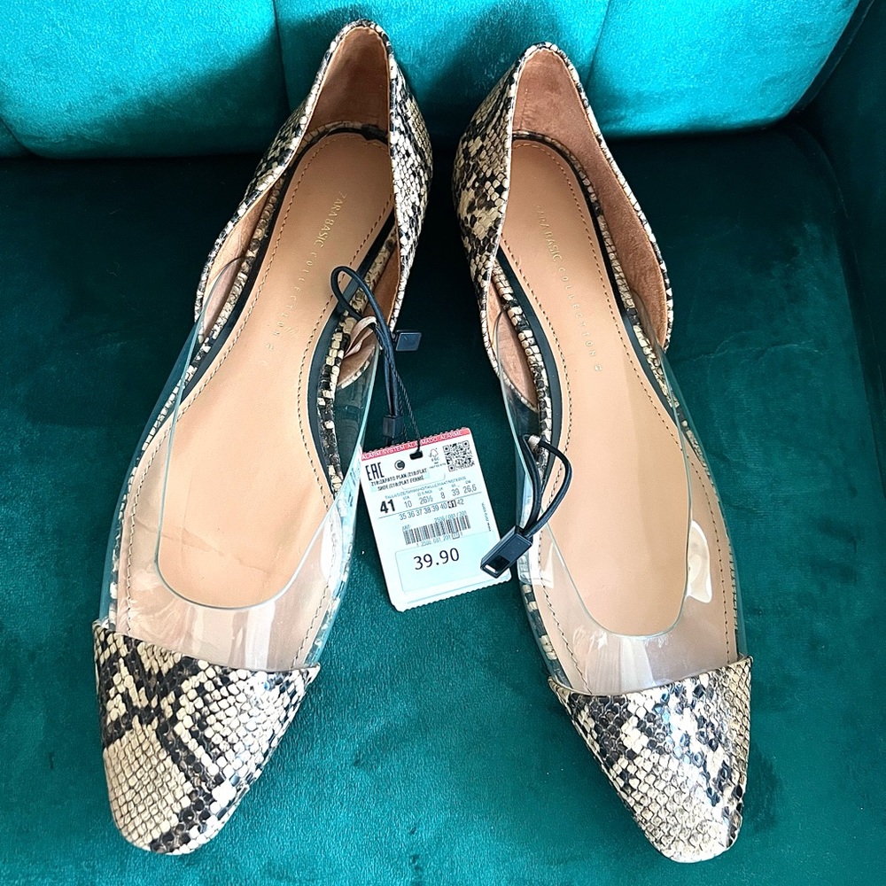 New Zara Snakeskin Clear Flats 9
